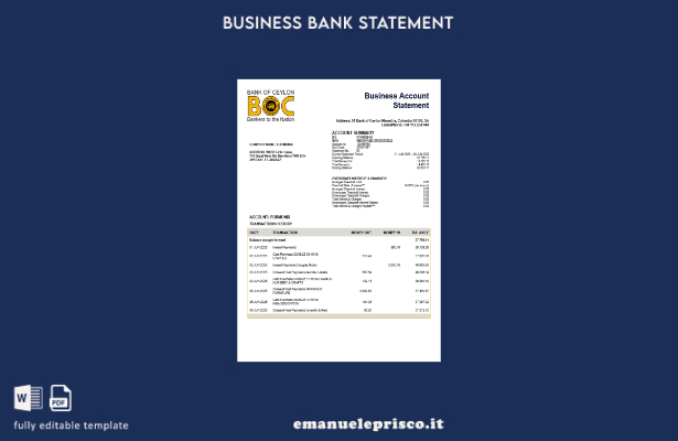 stile verificato Estratto conto aziendale della Banca di Ceylon dello Sri Lanka 